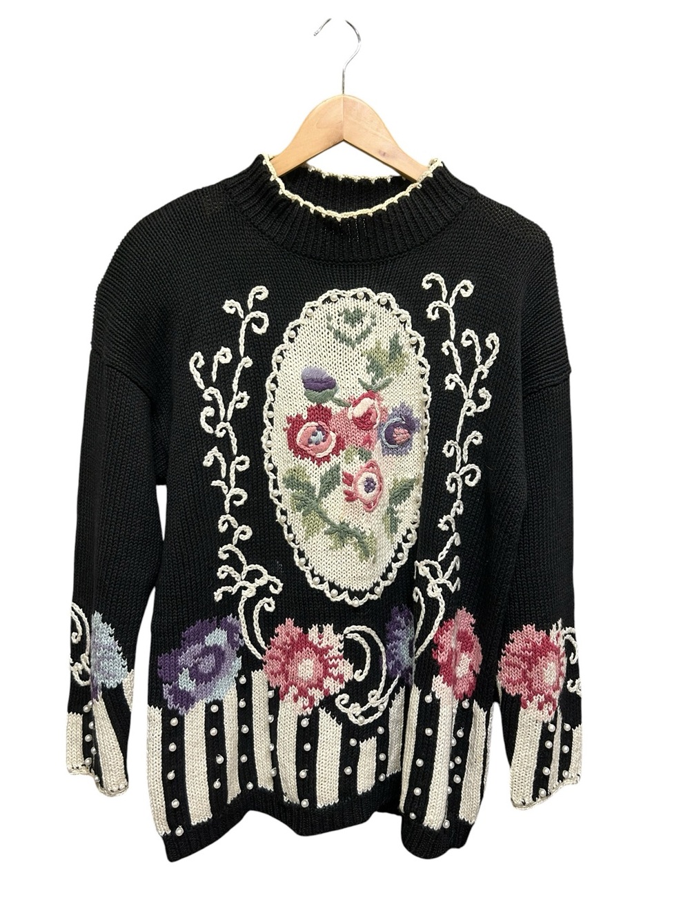 Rebecca Stone VTG Boaz Floral Knit Padded Shoulder Embroidered Sweater Size L